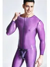 Male Translucent Lilac Round Neck Studs Codpiece Neck Entry Catsuit