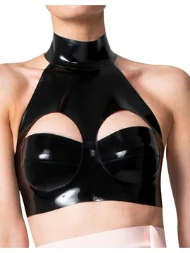Supply Natural Latex Clothing Crop Top Open Holes Back Buttons Black Rubber Bra Lingerie Customize for Women
