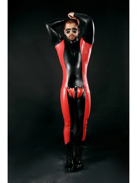 Men Wetlook Red Black Latex Catsuit with Cod piece