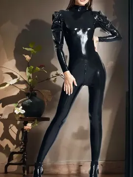 Puffed Sleeves High Collar Back Thru Zip Latex Catsuit