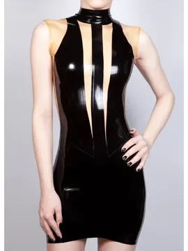 Women Black Dress Transparent Trim Slim Latex Clothing