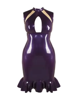 Supply Women Bust Open Back Hollow Ruffles Hem Latex Dress