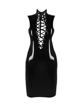 Supply Women Front Cross Strap Back Zip Sleeveless Latex Dress