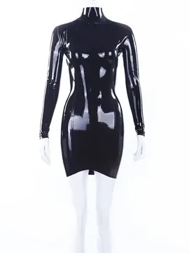Black Long Sleeves High Collar Back Zip Latex Mini Dress