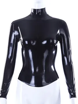 Women Black Long Sleeves High Collar Latex Top