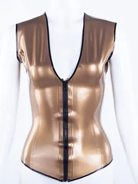Women Deep V Cleavage Front Zipper Latex Top
