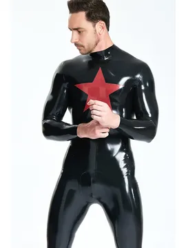 Supply Male Black and Red Trim Star Pattern Latex Catsuit