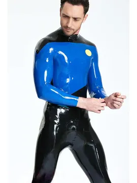 Male Asymmetrical Two-tone Flight Deck Back Zip Insignia Badges Latex Catsuit