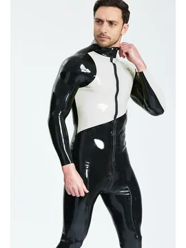 Left Sleeve Two-color Pattern Male Asymmetric Latex Catsuit