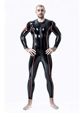 Male Round Neck Highlighting Stripes Diamond Latex Catsuit