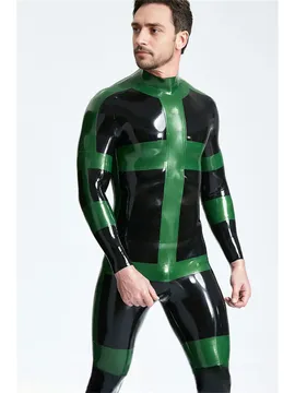 Supply Male Heraldic Stripes Pattern Herald Back Zip Latex Catsuit