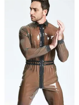 Male Shirred and Elasticated Waist Translucent Front Zip Latex Romper Catsuits