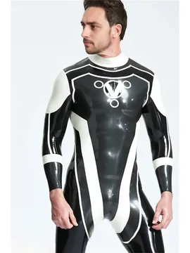 Front Chest;circles V Pattern Man Trident Back Zip Latex Catsuit