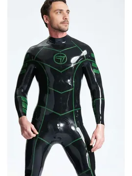 Supply Hexagon Motifs Front Chest Double Vector Stripe Male Vectorious Latex Catsuit