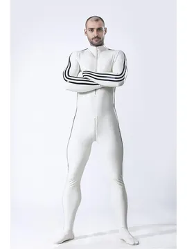 Male Low Collar Three Contrasting Stripes Edi Long Latex Catsuit