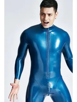 Male Metallic Blue Muscles Front-zip Leotard Pattern Seaming Latex Catsuit