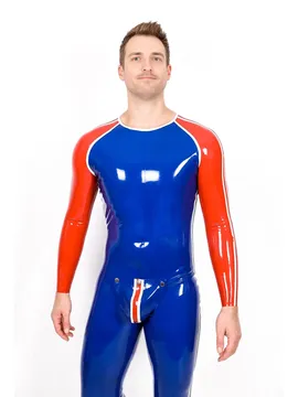 Contrast Color Trim and Stripes Sportsman Round Neck Codpiece Latex Catsuit