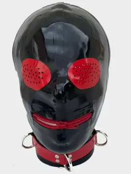 Black Mask Red Pin Hole Eyes Mouth Zipper Latex Hood