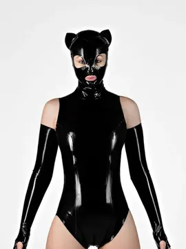 Black Cat Ears Latex Hood with Opened Eyes and Mouth