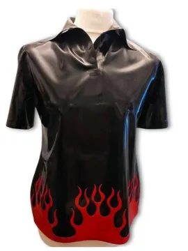 Men Flames Applique Fit Closely Latex Shirt